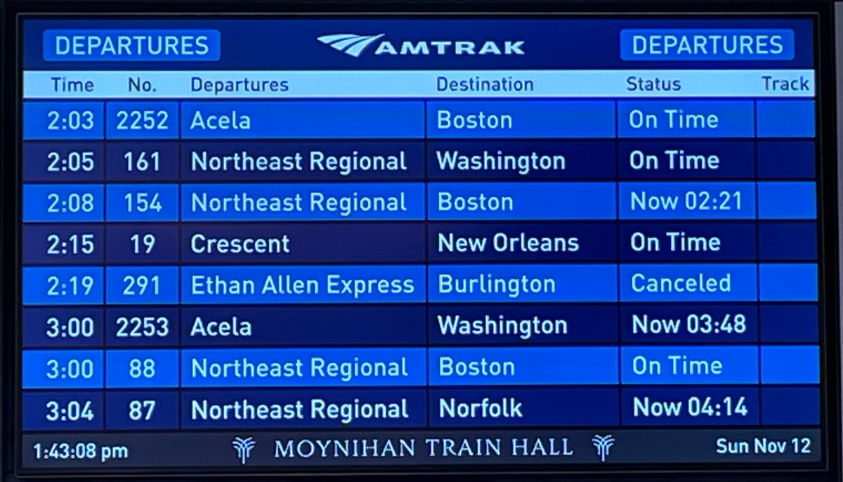Amtrak trains monitor, Moynihan Train Hall, New York City