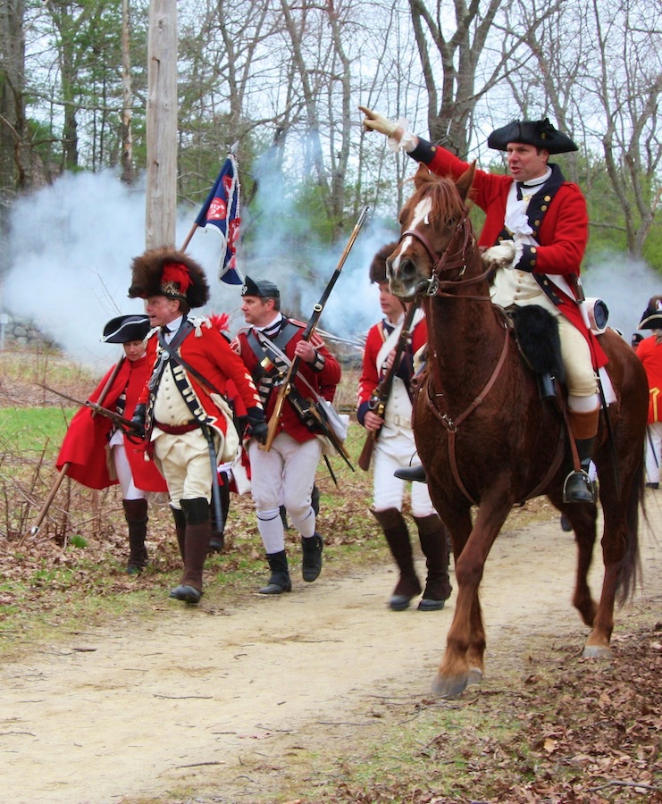 British regulars defend against Minuteman attack on Patriots Day in Concord MA