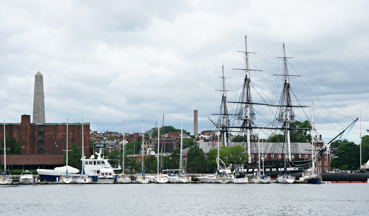 USS Constitution (Old Ironsides) and the Bunker Hill Monument, Boston MA.