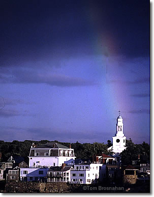 Rainbow on church in Rockport, Massachusetts