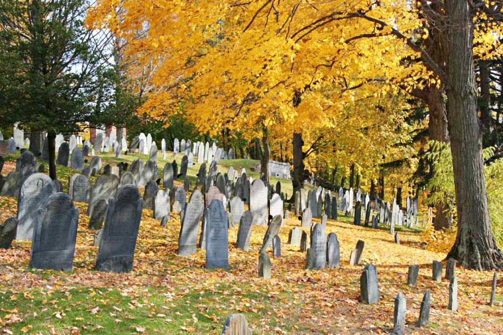 Autumn maple color over the Old Burying Ground in Concord MA
