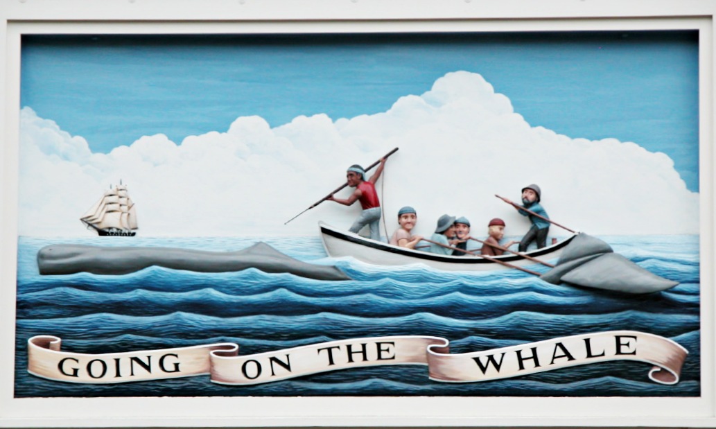 "Going on the Whale," carved wooden tableau on the Whaling Museum, Nantucket MA