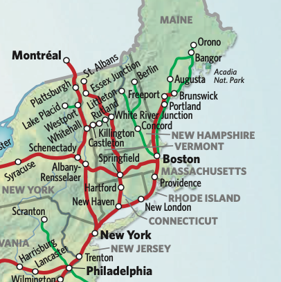 Amtrak Train Routes Map, New England USA