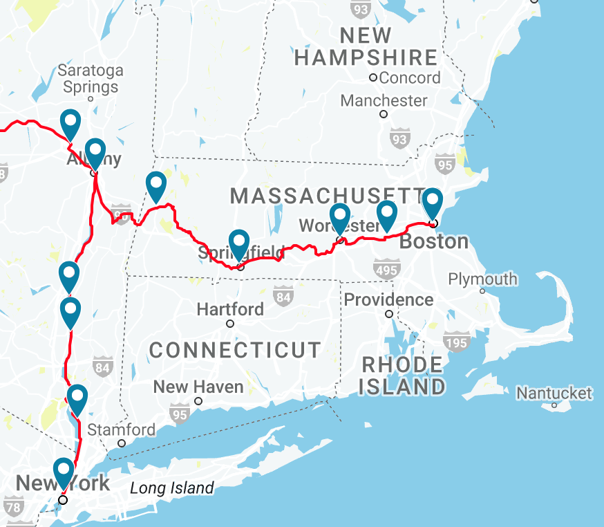 Amtrak Lakeshore Limited train route map in New England