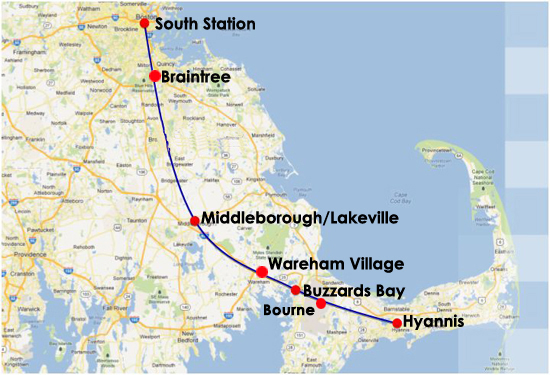 Boston to Cape Cod CapeFLYER train route map